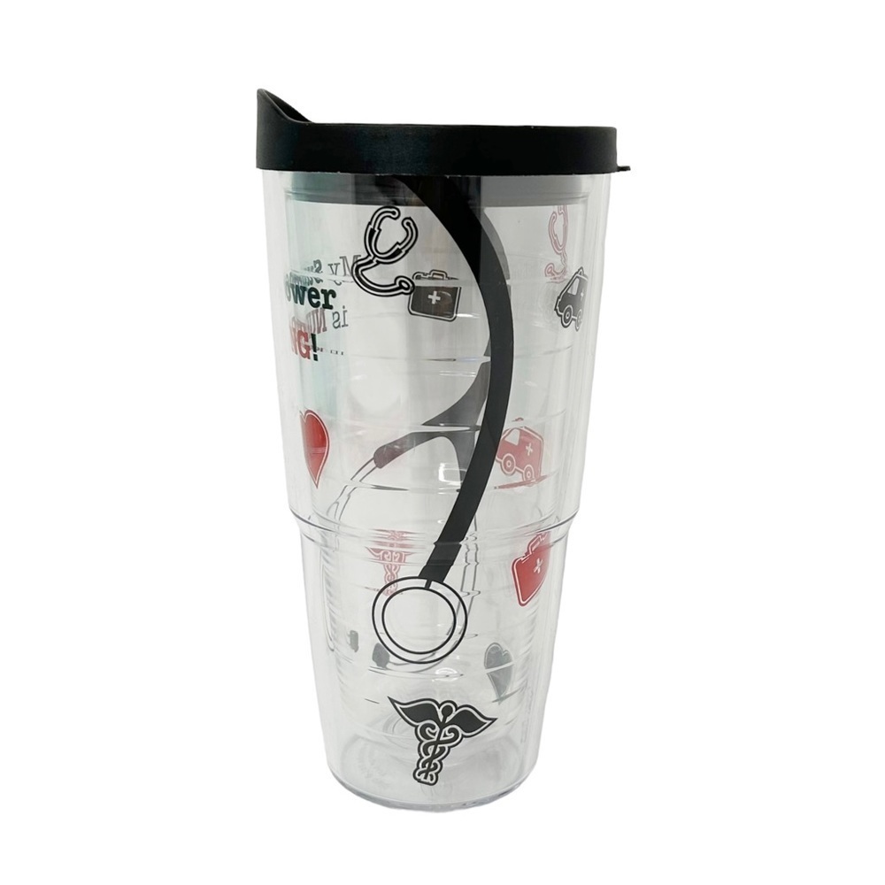 TERVIS Tumbler 24 oz. "MY SUPERPOWER IS NURSING!" Clear Black Red 2 FREE straws - Picture 3 of 7